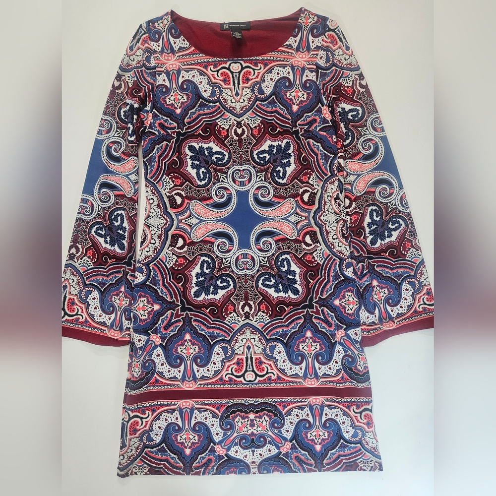 INC Dress Womens Medium Midi Paisley Red Blue Bell Sleeve Wedding Cocktail Party